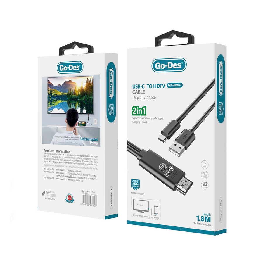 Go-Des GD-HM817 2in1 4K UHD 1.8 Metre HDMI Kablo - 2 Go-Des GD-HM817 2in1 4K UHD 1.8 Metre HDMI Kablo - 2